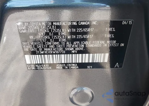 2015 Toyota Rav4 Xle из США, поврежденный, VIN 2T3WFREV9FW187759